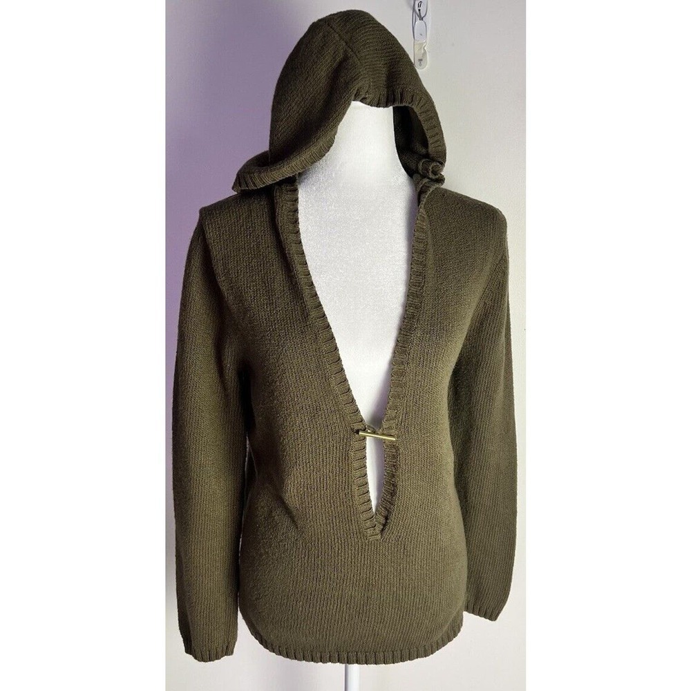 Olive Hooded Knit Pullover with Toggle Closure